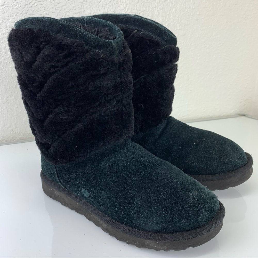 UGG black fluffy quilted mid calf boots size 7 winter comfort cozzy